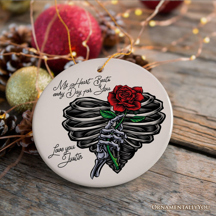Skeleton Rose Heart Valentine Custom Ornament, My Heart Beats Every Day for You Personalized Name Gift Ceramic Ornament OrnamentallyYou