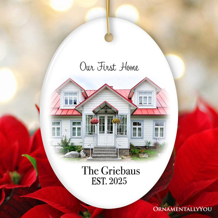 Custom Home Portrait Ornament, Housewarming Gift, New or First Home Ceramic Ornament OrnamentallyYou Oval