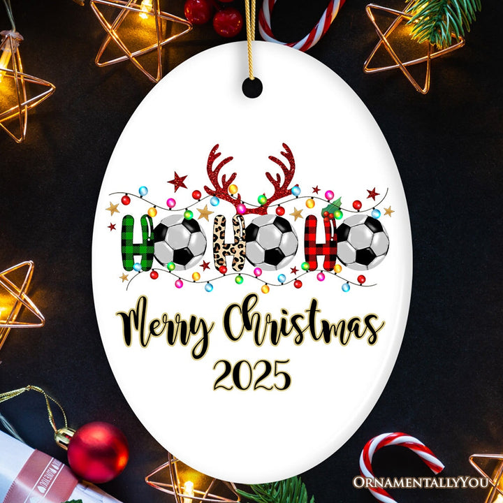 Personalized Soccer Buffalo Plaid and Leopard Christmas Ornament, Ho Ho Ho Football Gift Ceramic Ornament OrnamentallyYou Oval