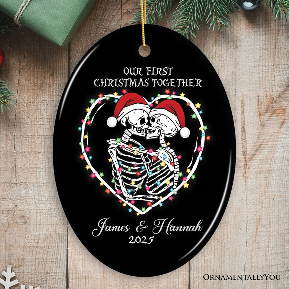 Festive & Fun Skeleton First Christmas Personalized Ornament, Holiday Wedding Keepsake Gift Ceramic Ornament OrnamentallyYou Oval