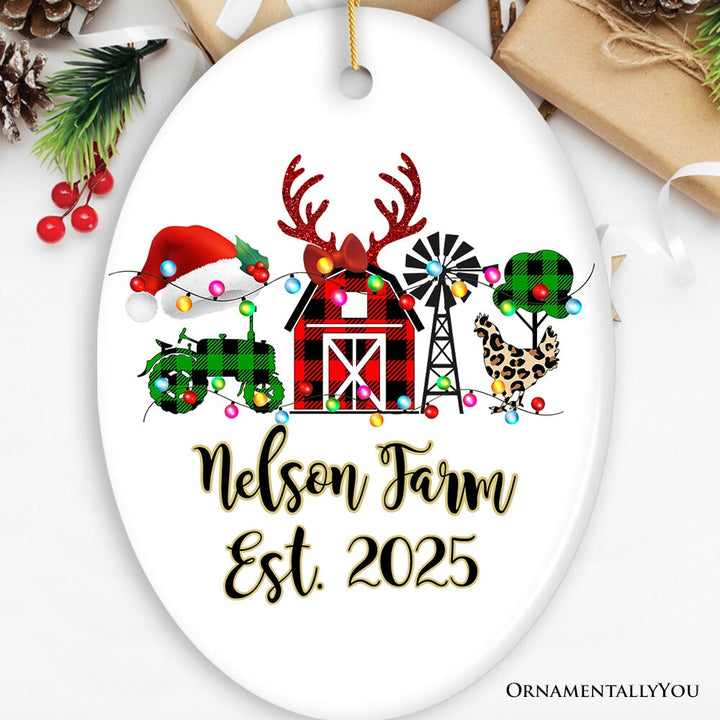 Personalized Farm Buffalo Plaid Leopard Merry Christmas Ornament, Farmhouse Gift Ceramic Ornament OrnamentallyYou Oval