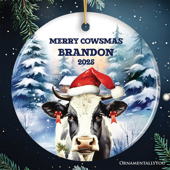 Personalized Watercolor Christmas Cow Ornament, Farmhouse Festive Merry Cowsmas Gift Ceramic Ornament OrnamentallyYou Circle