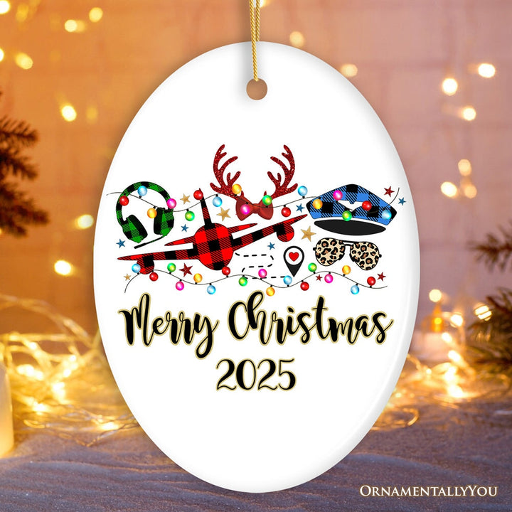 Personalized Airplane Pilot Buffalo Plaid Christmas Ornament, Flight Aircraft Crew Gift Holiday Decoration Ceramic Ornament OrnamentallyYou Oval