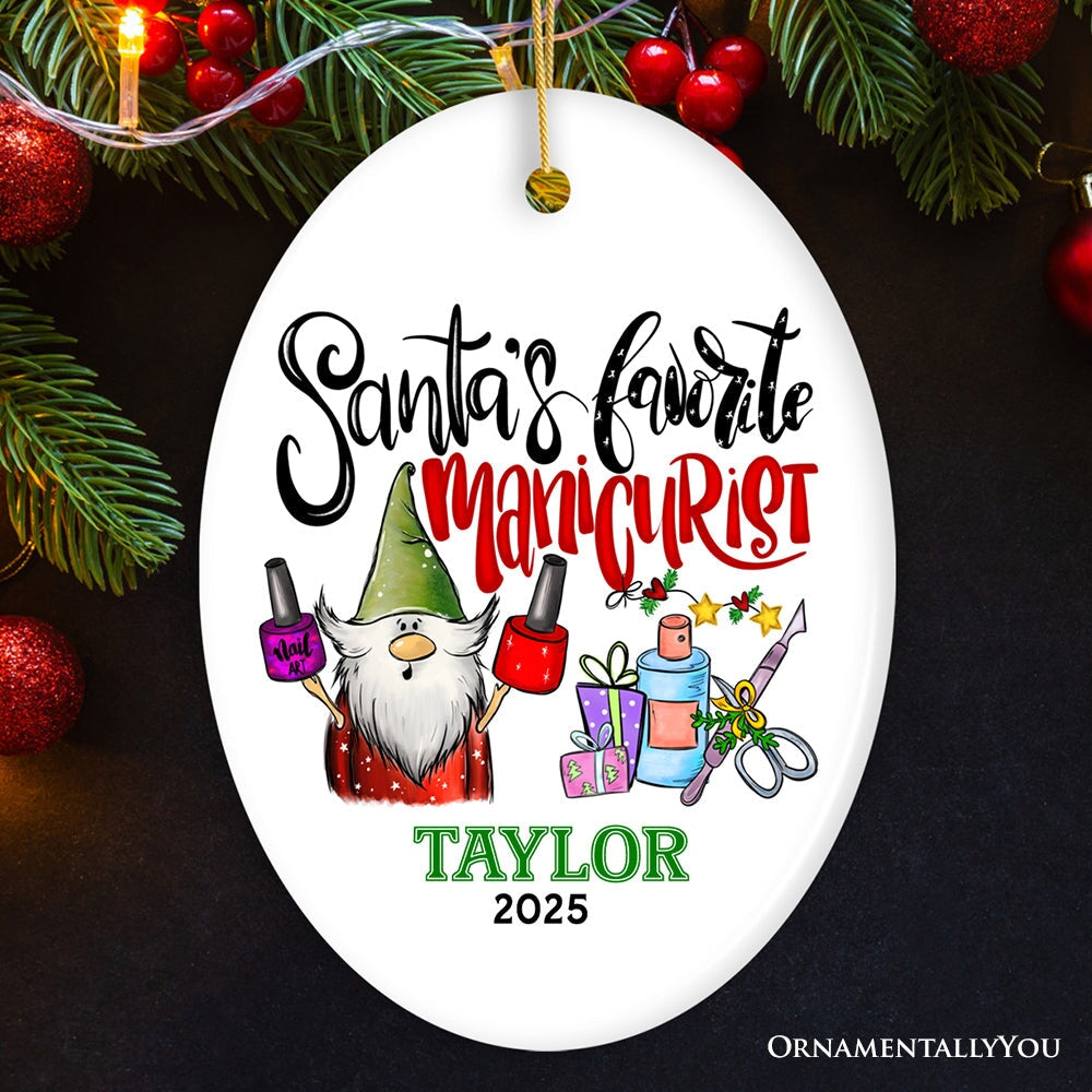Glamorous Santa's Favorite Manicurist Nail Art Personalized Christmas Ornament, Beauty Artist Appreciation Gift Ceramic Ornament OrnamentallyYou Oval
