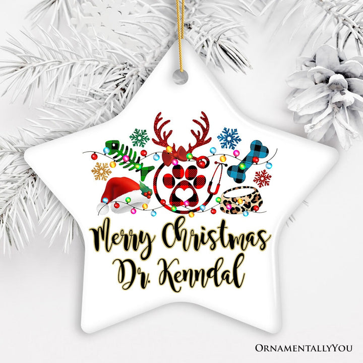 Pet Themed Buffalo Plaid Veterinarian Merry Christmas Ornament, Animal Owner Gift Ceramic Ornament OrnamentallyYou Star