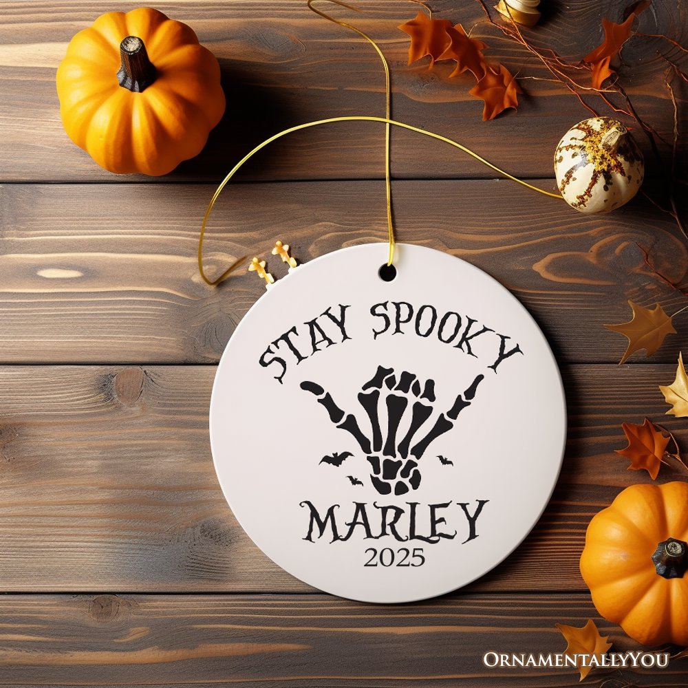 Cool Skeleton Stay Spooky Personalized Ornament, Surfer Halloween Themed Custom Gift Ceramic Ornament OrnamentallyYou Circle