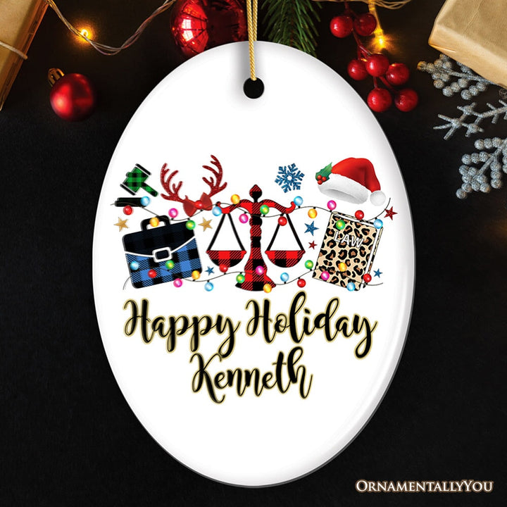Personalized Law and Legal Theme Buffalo Plaid Christmas Ornament, Lawyer and Paralegal Clerk Gift Ceramic Ornament OrnamentallyYou Oval