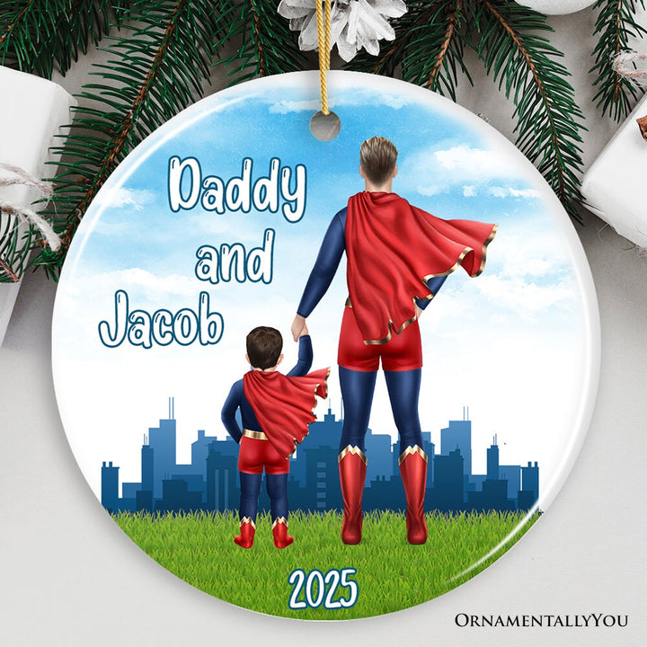 Dad and Son Personalized Superhero Ornament, A Father’s Little Boy Christmas Gift Ceramic Ornament OrnamentallyYou Circle