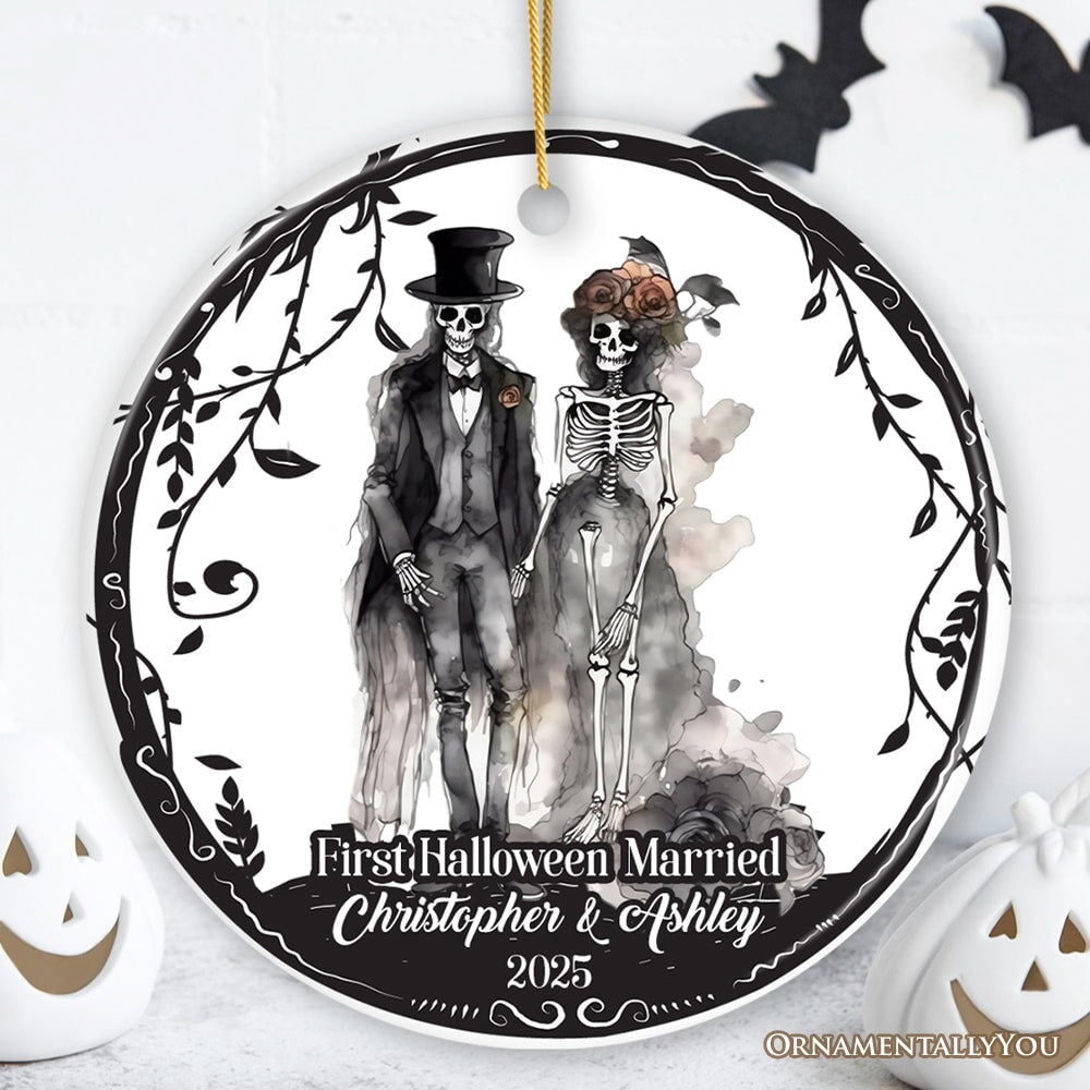 First Halloween Married Personalized Ornament, Mr And Mrs Skeleton Wedding Gift Ceramic Ornament OrnamentallyYou Circle