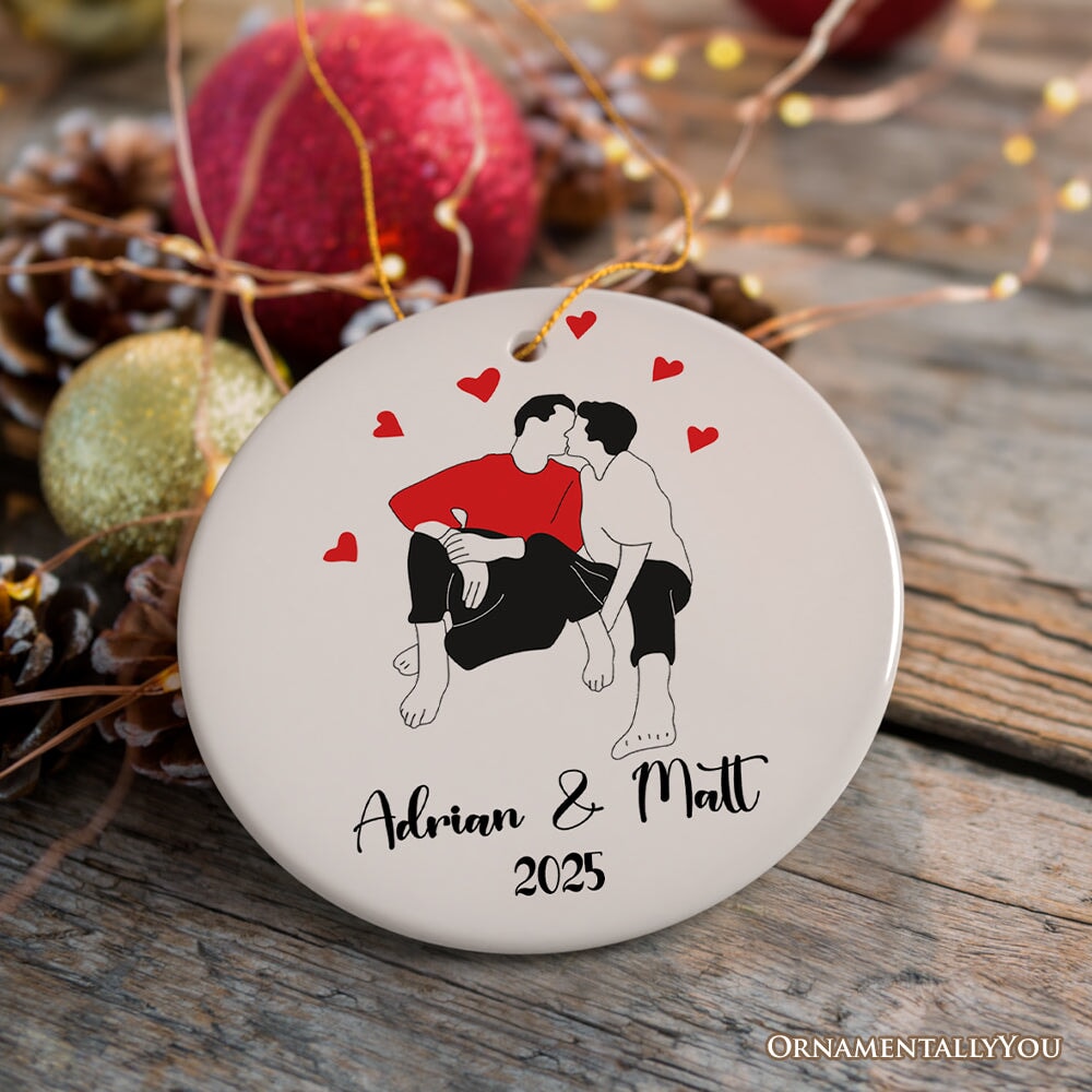 Minimalist Gay or Lesbian Couple in Love Keepsake Circle Ornament, Gift LGBT Pride Theme Ceramic Ornament OrnamentallyYou