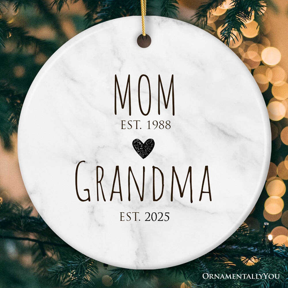Mom to Grandma Ornament, Gift for First Time Grandmother Ceramic Ornament OrnamentallyYou Circle