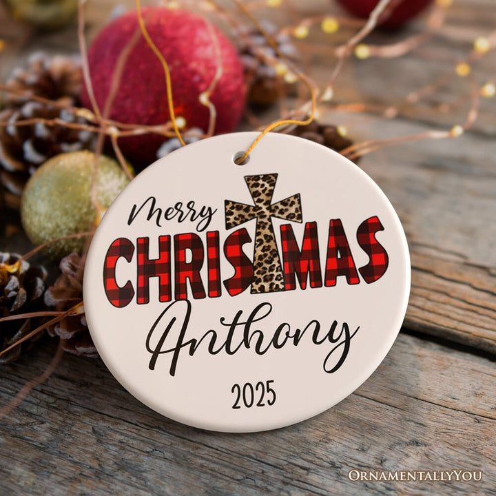 Christian Christmas Buffalo Plaid Personalized Ornament, Holiday Family Gift Ceramic Ornament OrnamentallyYou Circle