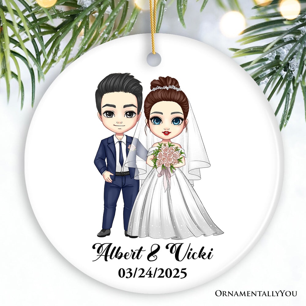 Adorable Customized Married Couple Gift Christmas Ornament, Cartoon Bride and Groom Ceramic Ornament OrnamentallyYou