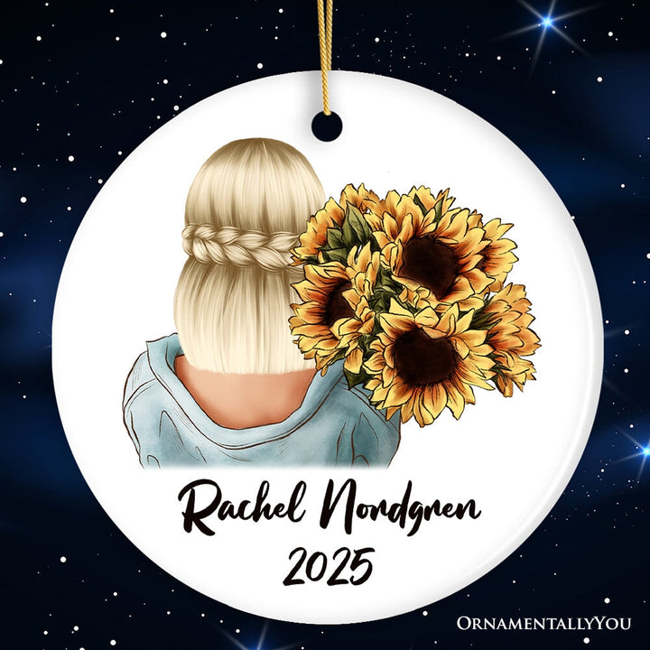 Small Town Girl with Sunflowers Personalized Ornament Gift, Farmhouse Christmas Tree Decor Ceramic Ornament OrnamentallyYou Circle