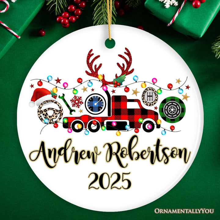 Personalized Truck Driver and Logistics Buffalo Plaid Christmas Ornament, Freight Delivery and Dispatcher Gift Ceramic Ornament OrnamentallyYou Circle