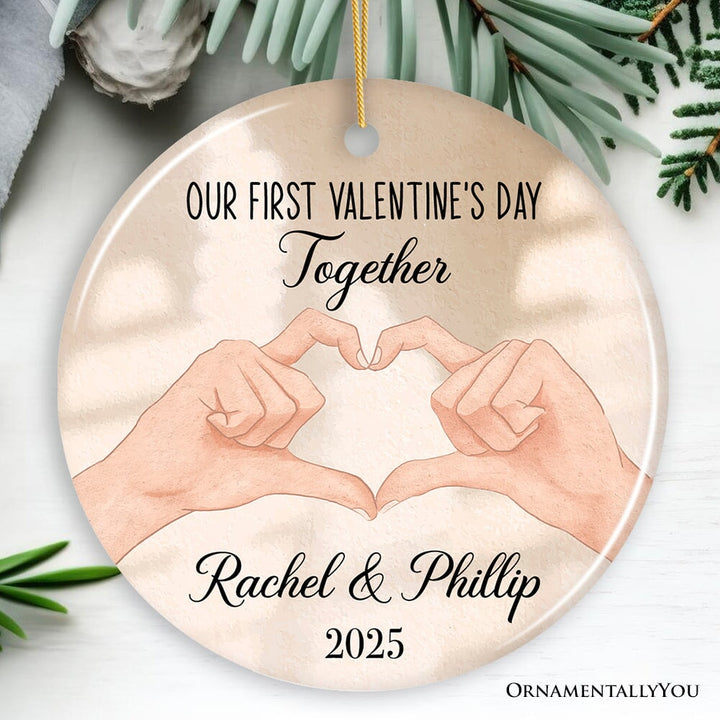 First Valentine's Day Together Personalized Ornament, Lovers Couple Hands, Custom Name Gift Ceramic Ornament OrnamentallyYou Circle