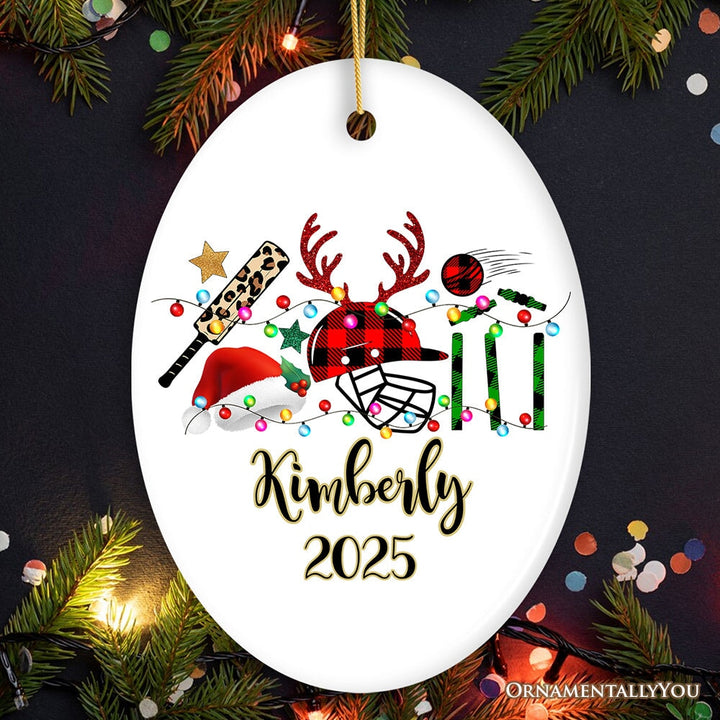 Personalized Cricket Buffalo Plaid Leopard Merry Christmas Ornament, Team and Coaches Gift Ceramic Ornament OrnamentallyYou Oval