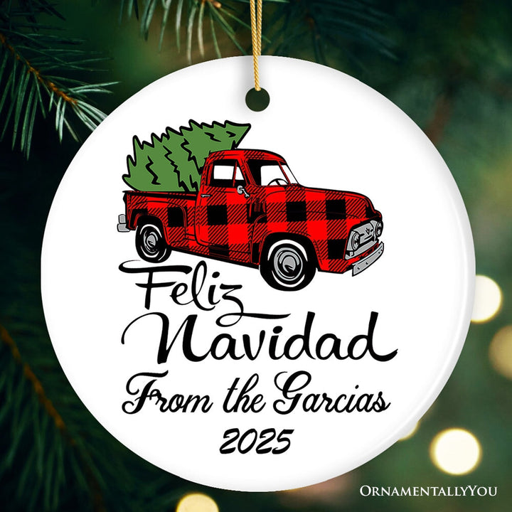 Personalized Feliz Navidad Plaid Red Truck Family Christmas Ornament Ceramic Ornament OrnamentallyYou Circle