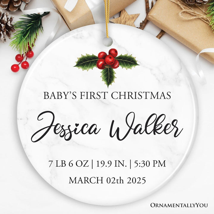 Minimalist First Baby Christmas Personalized Ornament with Date, Time, and Weight Ceramic Ornament OrnamentallyYou Circle