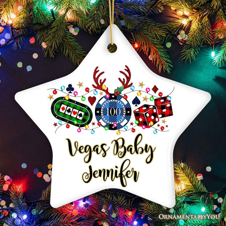 Personalized Casino Buffalo Plaid Christmas Ornament, Poker and Dice, Player and Staff Gift Ceramic Ornament OrnamentallyYou Star