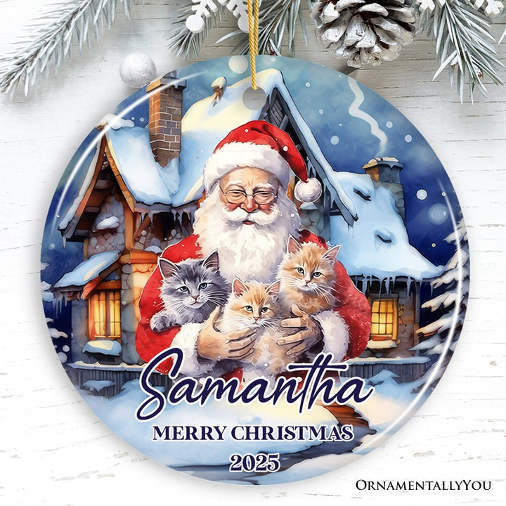 Cute Santa With Cats Personalized Ornament, Festive Christmas Gift With Custom Name and Date Ceramic Ornament OrnamentallyYou Circle