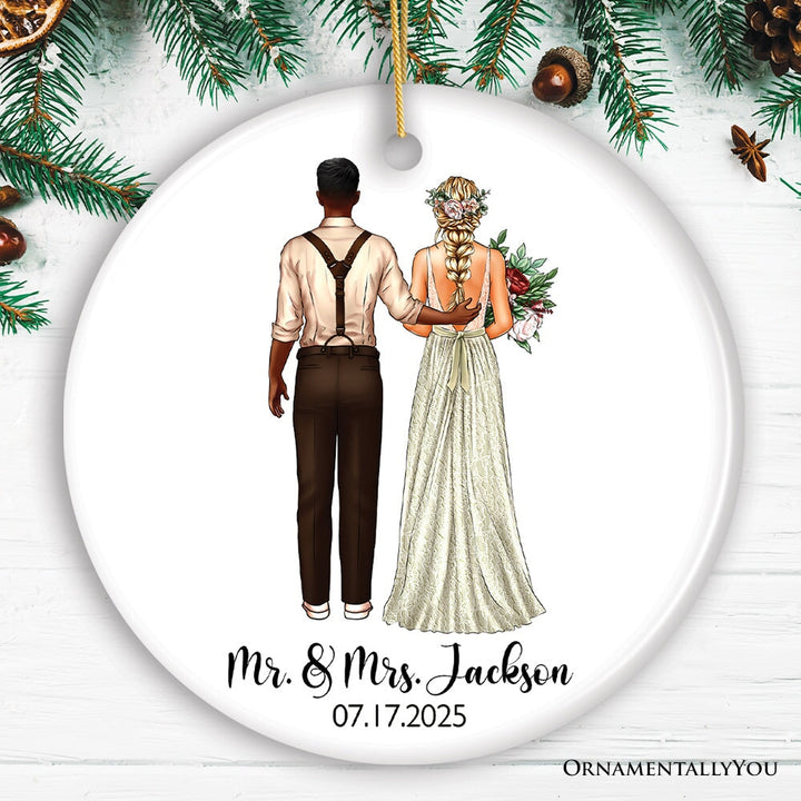 Boho Wedding Customized Ornament Featuring Bride and Groom’s New Last Name and Date Ceramic Ornament OrnamentallyYou Circle