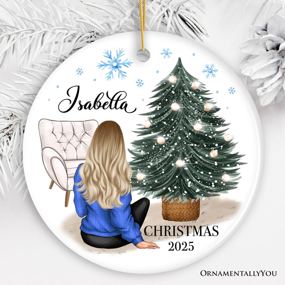 Lovely Women’s Customizable Christmas Ornament Gift, Personalized Hair, Name, and Outfit Ceramic Ornament OrnamentallyYou Circle