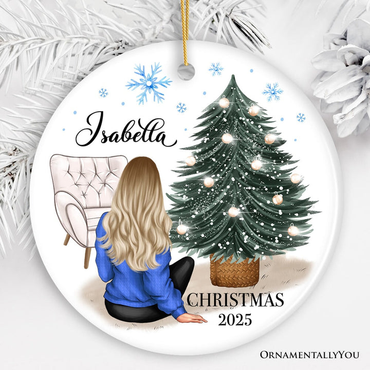 Lovely Women’s Customizable Christmas Ornament Gift, Personalized Hair, Name, and Outfit Ceramic Ornament OrnamentallyYou Circle