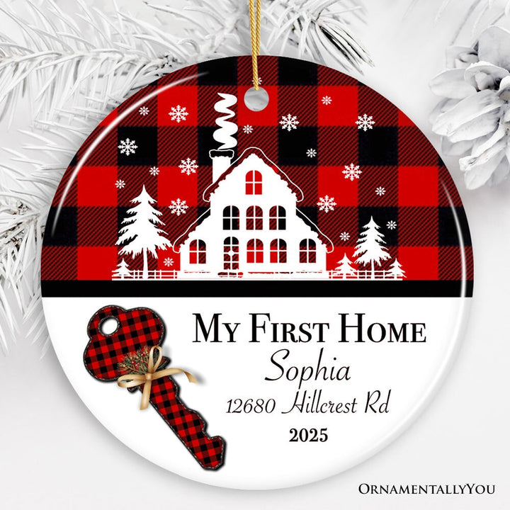 My First Home Christmas Ornament, Plaid Red, Blue, Green, and Black Ceramic Ornament OrnamentallyYou Circle