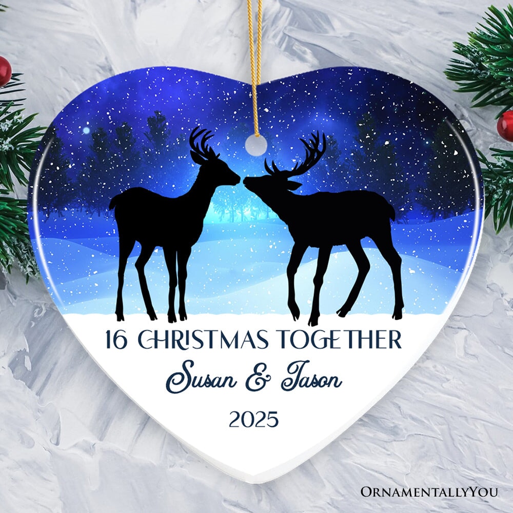 Majestic Deer Anniversary Personalized Gift for Couple, Romantic Christmas Ornament, Xmas Together Keepsake Gift Ceramic Ornament OrnamentallyYou Heart