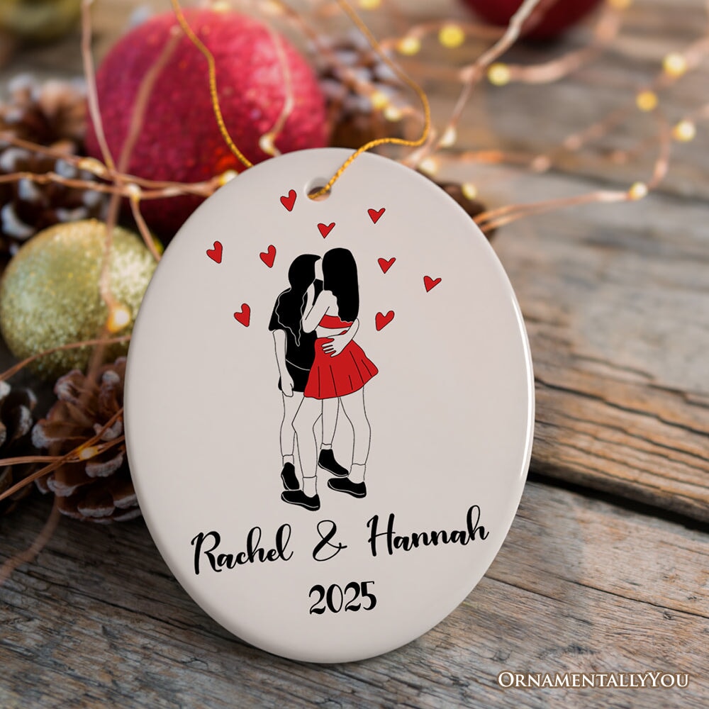 Minimalist LGBT Pride Theme Oval Ornament, Gay or Lesbian Couple in Love Keepsake Gift Ceramic Ornament OrnamentallyYou