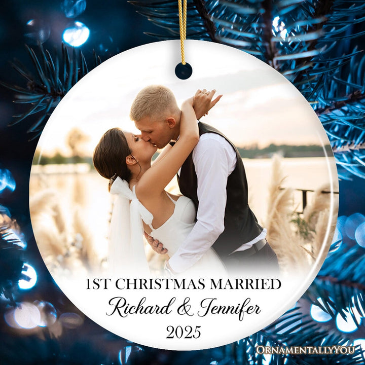 Personalized Engagement Photo Ornament, First Christmas Married, Marriage Ceremony Gift Ceramic Ornament OrnamentallyYou Circle