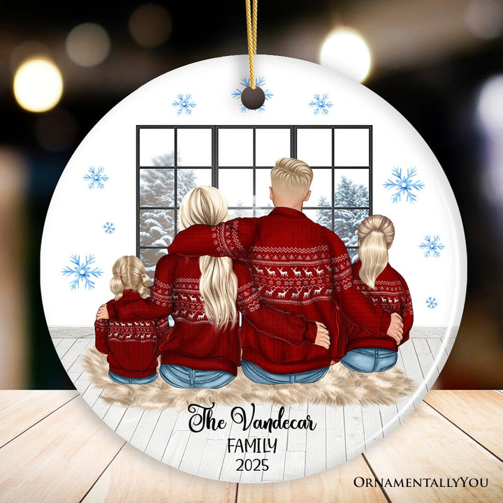Family of Four Personalized Winter Theme Christmas Ornament Ceramic Ornament OrnamentallyYou Circle