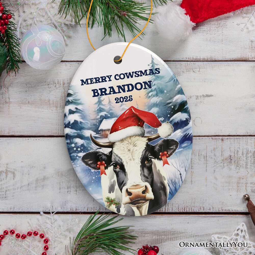 Personalized Watercolor Christmas Cow Ornament, Farmhouse Festive Merry Cowsmas Gift Ceramic Ornament OrnamentallyYou Oval