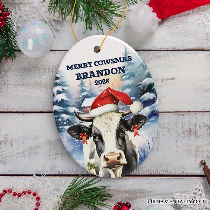 Personalized Watercolor Christmas Cow Ornament, Farmhouse Festive Merry Cowsmas Gift Ceramic Ornament OrnamentallyYou Oval