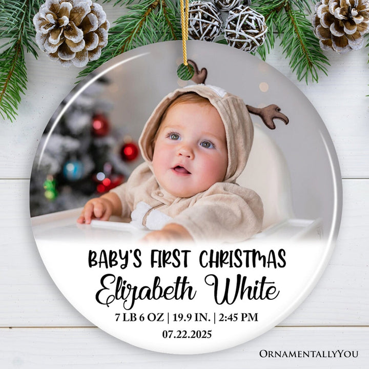 Custom Photo Baby’s First Christmas Tree Ornament, Newborn Size and Weight Ceramic Ornament OrnamentallyYou