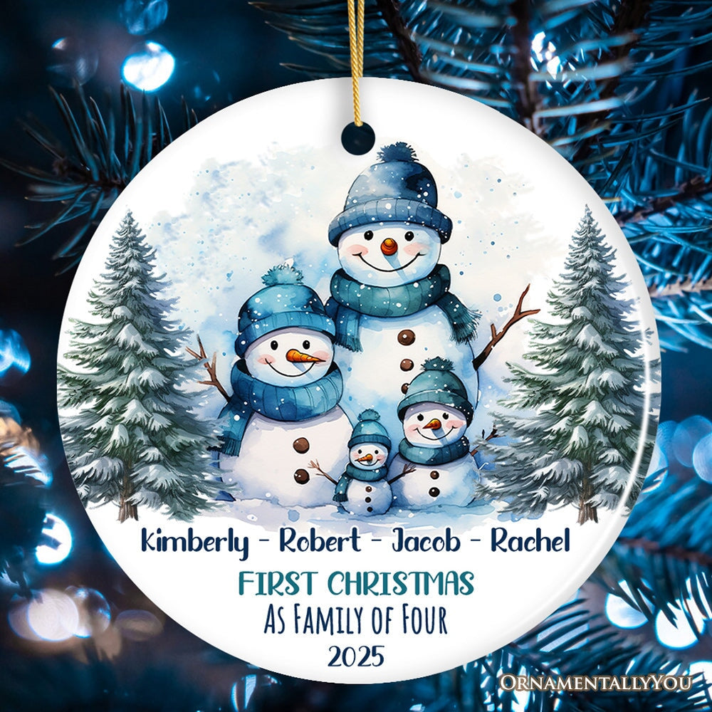 First Christmas Family of Four Personalized Ornament, Cute Artistic Snowmen Christmas Gift With Custom Names and Date Ceramic Ornament OrnamentallyYou Circle