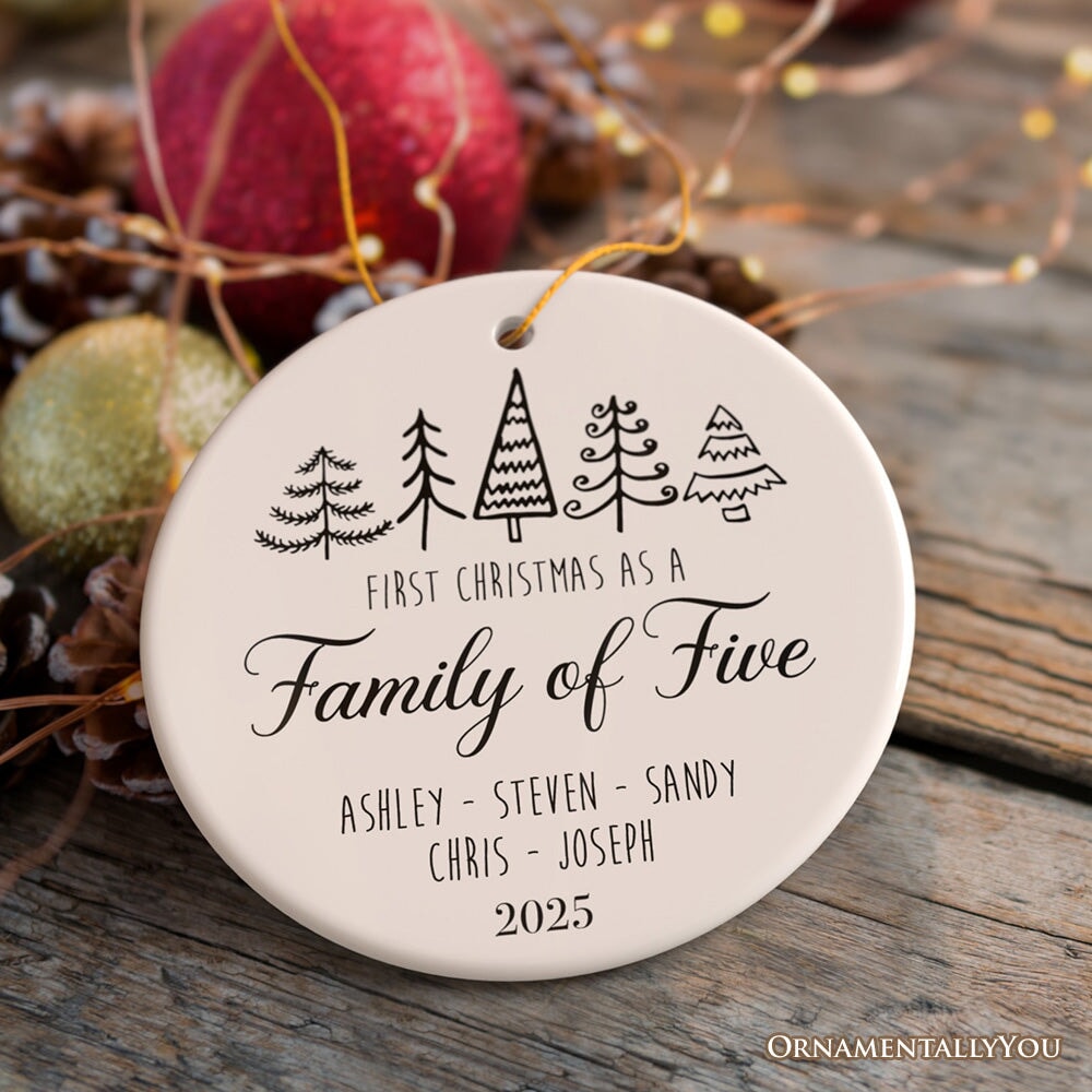 Family of Five Christmas Personalized Ornament, New Baby Custom Gift Ceramic Ornament OrnamentallyYou
