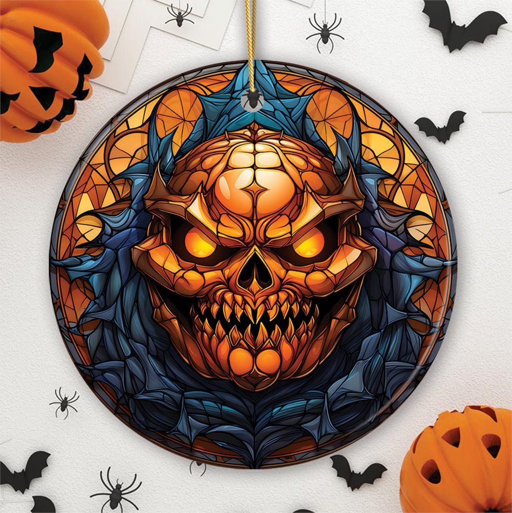 Pumpkin Skull with Glowing Red Eyes Stained Glass Style Ceramic Ornament, Halloween Themed Christmas Gift and Decor Ceramic Ornament OrnamentallyYou Circle