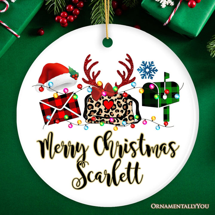 Personalized Postal Worker Buffalo Plaid Leopard Merry Christmas Ornament Gift Ceramic Ornament OrnamentallyYou Circle