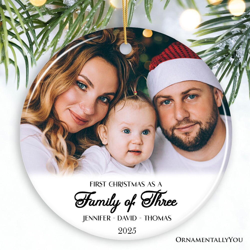 First Christmas Family of Three Personalized Photo Ornament, New Baby Portrait Gift Ceramic Ornament OrnamentallyYou Circle