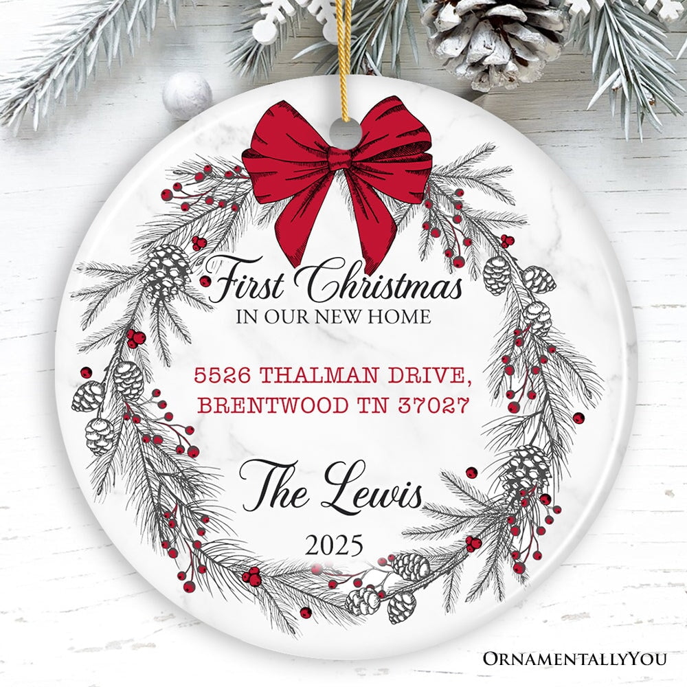 New Home Personalized Christmas Ornament, Family Gift With Custom Address and Last Name Ceramic Ornament OrnamentallyYou Circle