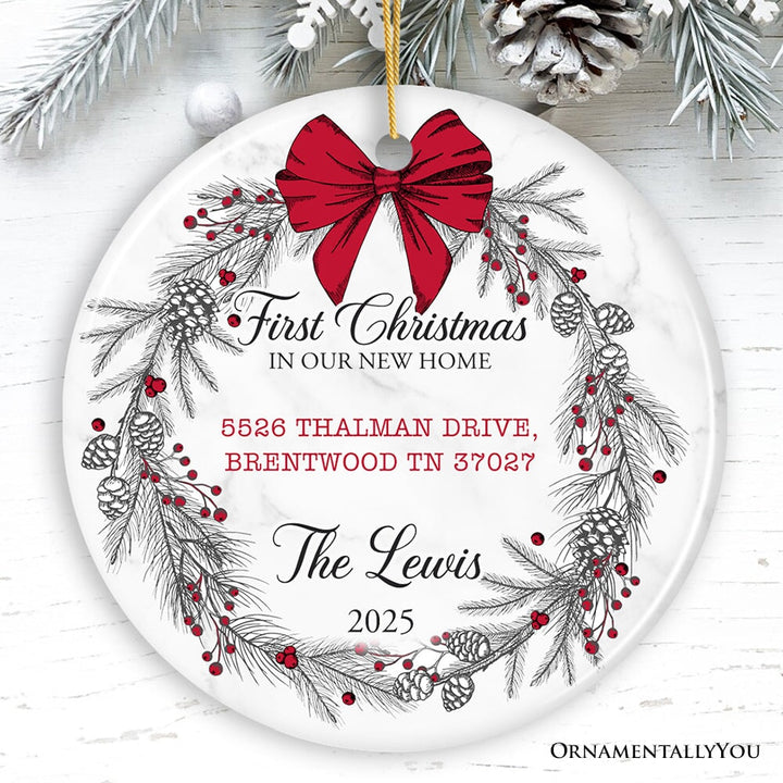 New Home Personalized Christmas Ornament, Family Gift With Custom Address and Last Name Ceramic Ornament OrnamentallyYou Circle