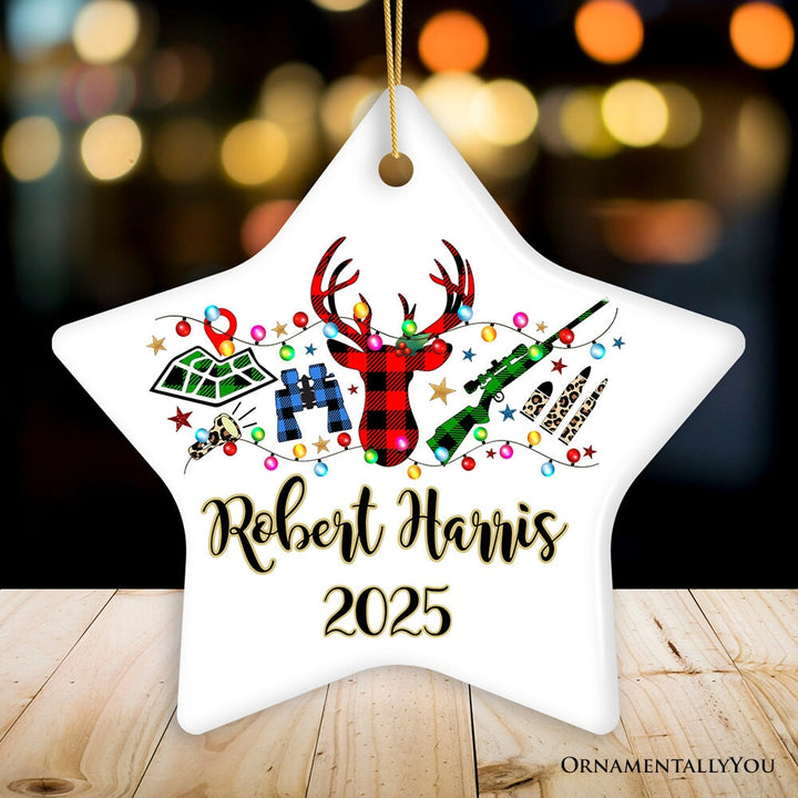 Personalized Buffalo Plaid Hunting Theme Christmas Ornament, Hunter Gift, Red and Green Deer and Gun Ceramic Ornament OrnamentallyYou Star