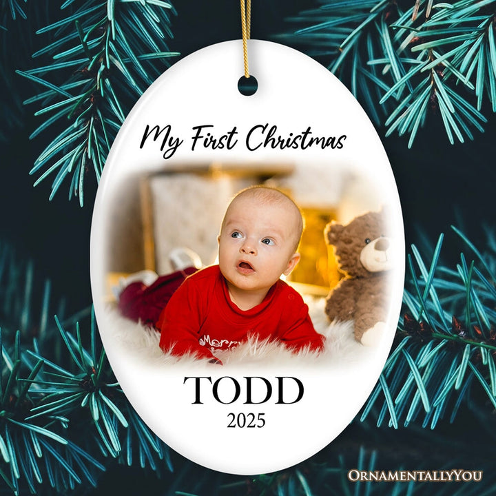 Custom Baby First Christmas Portrait Ornament, Personalized Uploaded Photo Gift Ceramic Ornament OrnamentallyYou Oval