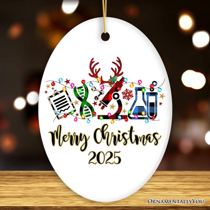 Personalized Science Plaid Christmas Ornament, Gift for Scientist or Researcher, Lab Tools like Flasks and Microscope Ceramic Ornament OrnamentallyYou Oval