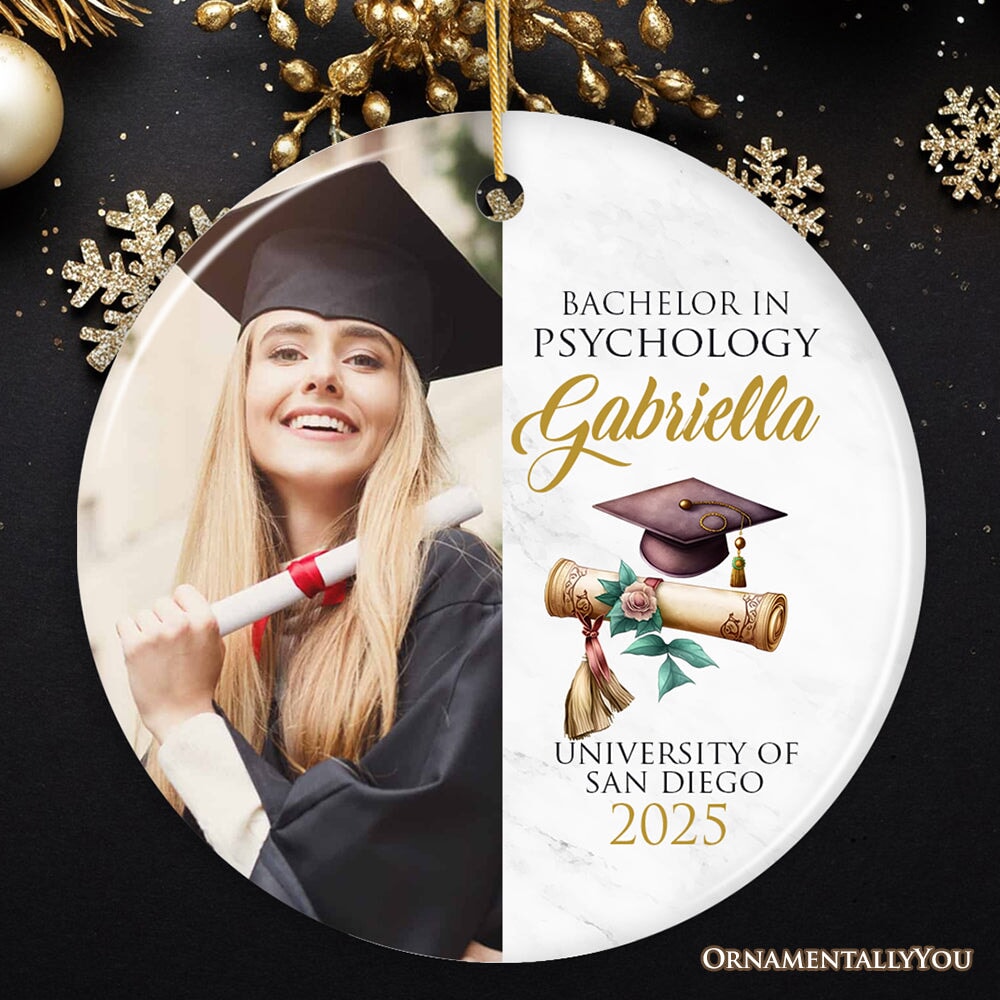 Personalized School Graduate Christmas Ornament, Picture Upload and Custom Name and Degree Keepsake Ceramic Ornament OrnamentallyYou Circle