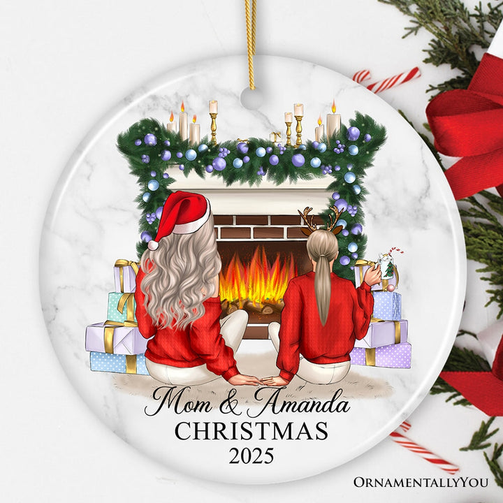 Mother and Daughter or Son Personalized Christmas Ornament, Custom Mom and Bestie Artwork Ceramic Ornament OrnamentallyYou Circle