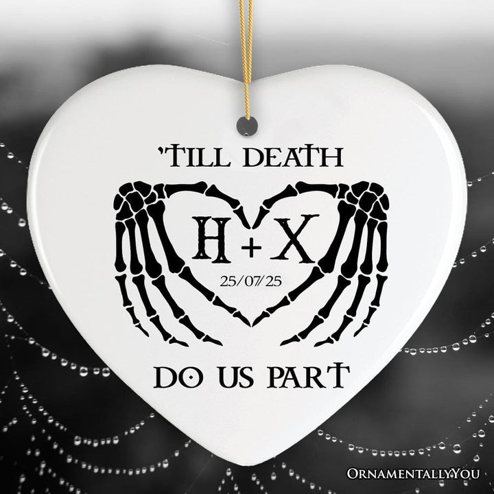 Gothic Skeleton Wedding Personalized Ornament, Til Death Do Us Part Monogram Keepsake Ceramic Ornament OrnamentallyYou Heart