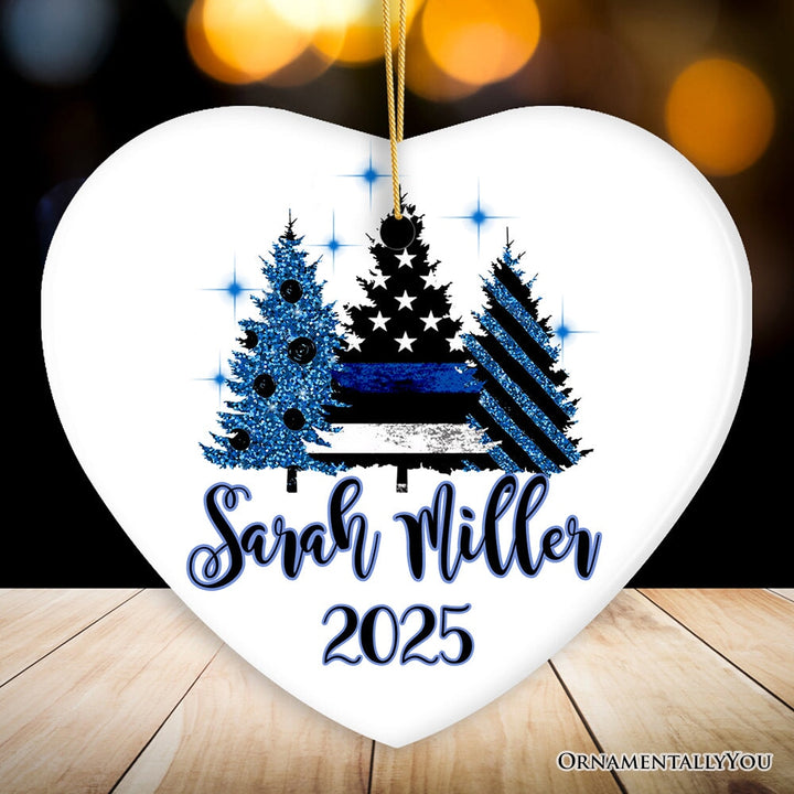 Personalized Police Officer Back The Blue Merry Christmas Trees Ornament, Retirement Gift Ceramic Ornament OrnamentallyYou Heart